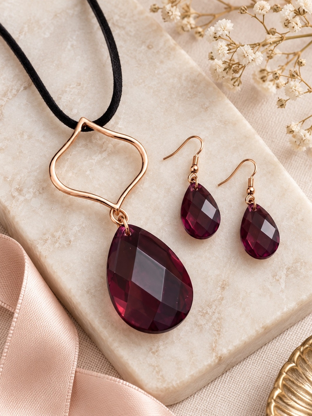 Avon Rose Gold Necklace and Deep Wine Teardrop Earrings